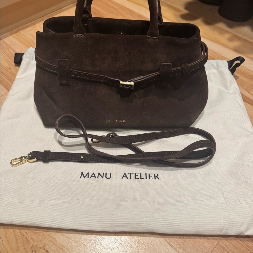 Manu Atelier Brown Suede Top-Handle Satchel with Detachable Strap